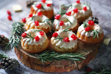 Holiday Christmas Cupcakes. Elegant sweets for Christmas. Selective focus. Macro.