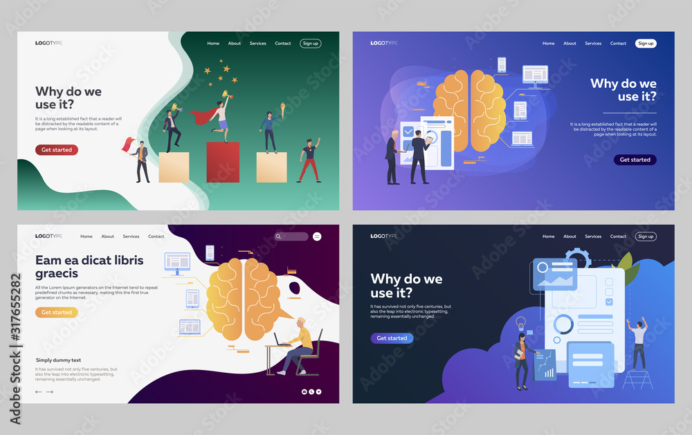 Poster set of business people creating successful project. flat vector illustrations of employees developin