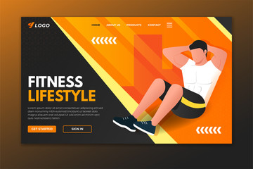 Fitness landing page with man doing crunches. Sport web page template design for gym, personal trainer and fitness center