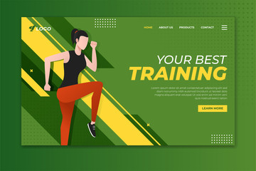 Fitness training landing page with woman illustration. Sport web page template design for gym, personal trainer and fitness center