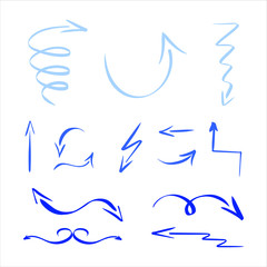 Hand-drawn arrow vector. Set of Blue arrows showing right left. Sign navigation isolated on white background. Symbol for Direction, Pointer, Zigzag Swirl, Round. Thin line icons, abstract retro symbol