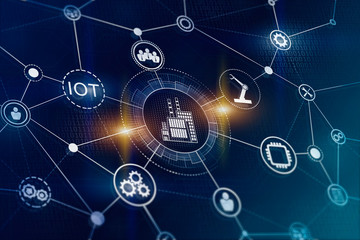 Industry 4.0. Fourth industrial revolution. Digitalization and automation of modern business process and using robots, online technology, Internet of thing etc.