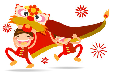 Obraz na płótnie Canvas boys play lion dance for Happy Chinese New Year celebration vector illustration character