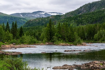 Beautiful landscape with the river and the mountains, Norway
