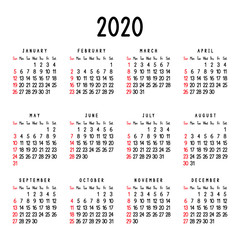 Calendar 2020. Week starts from Sunday. Vector illustration.