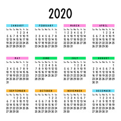 Calendar 2020. Week starts from Sunday. Vector illustration.