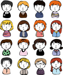 Rough doodling Hand painted cute Smiling people icon set