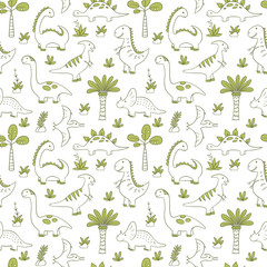 Cute Dinosaurs. Dino seamless pattern in doodle style. Hand drawn vector illustration on white background © Elena Pimukova