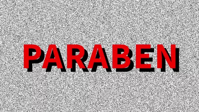 Paraben. Word about chemical problem on noisy old screen. Looping VHS interference. Vintage animated background. 4K video footage