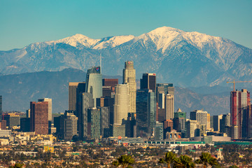 Snow Capped Mountains behind Downtown Los Angeles