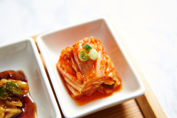Kimchi, Korean spicy pickles in small dish 