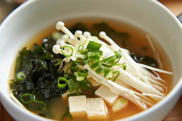 Miso soup with tofu, seaweed and enoki mushroom 