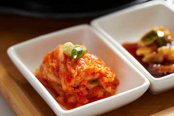 Kimchi, Korean spicy pickles in small dish 
