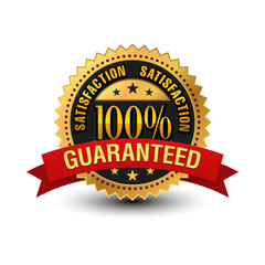 Isolated 100% Satisfaction Guaranteed golden seal with red ribbon.
