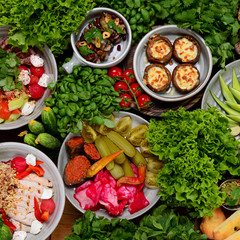 Presentation of georgian cuisine. Baked mushrooms with suluguni cheese, Tbilisi Caesar, caprese, lavash bread, Pkhali