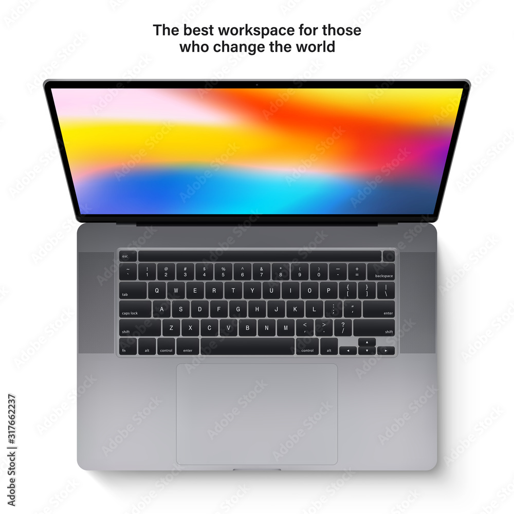 Poster laptop with keyboard and touchpad grey color and colorful screen top view isolated on white backgrou