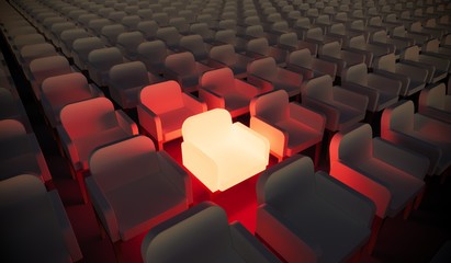 Obraz premium Concept or conceptual orange armchair standing out in a conference room as a metaphor for leadership, vision and strategy. A 3d illustration of individuality, creativity and achievement