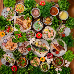 Traditional Georgian cuisine. Matzoon Okroshka, Khash Chikhirtma Harcho Soup, Dolma Chanakhi Chashululi Chkmeruli Kupati