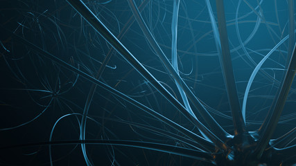 The neuron bond in the human brain is a micro-looking neuron on a blue abstract background. 3D Render