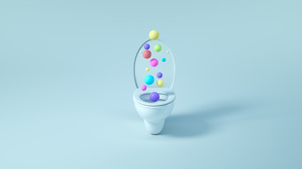 3D illustration of colorful bubbles going down toilets sinkhole