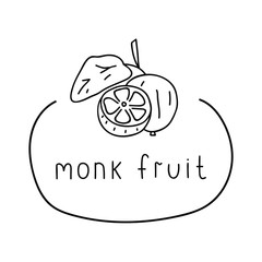 Badge - monk fruit. Vector hand drawn illustration on white background.