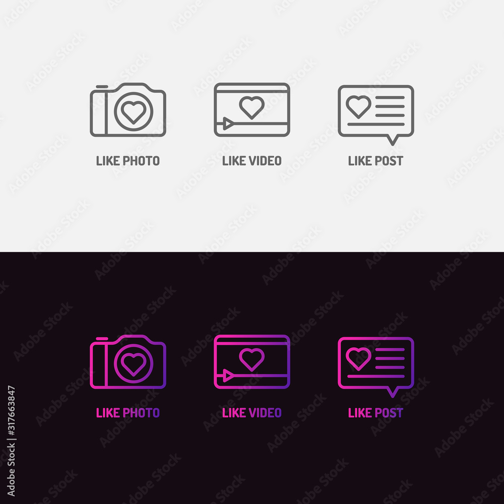 Poster set of icons for social networks. like mark for photos and videos. elements for a blog.