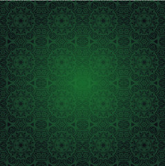 Abstract kaleidoscope vector pattern on emerald green background, and ornamental