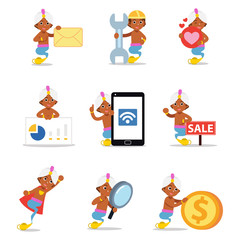 Set of character men genie in a magic lamp.