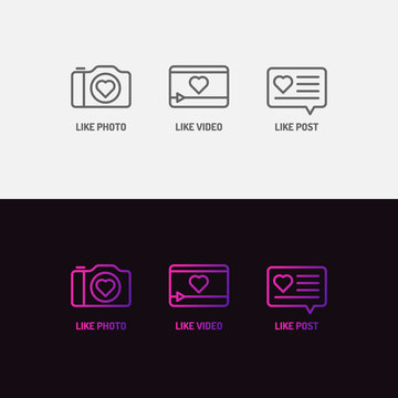 Set of icons for social networks. Like mark for photos and videos. Elements for a blog.