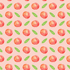 watercolor peach and leaves seamless pattern. summer background