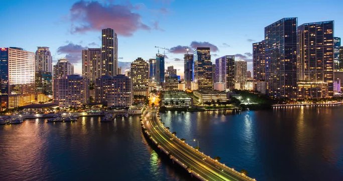 View from Brickell Key, a small island covered in apartment towers, towards the Miami skyline, Miami, Florida, USA - Time lapse
