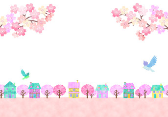 桜と春の街並み　手描き水彩風イラスト