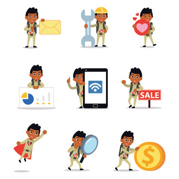 Set of man character as a Ghostbusters hunting a ghost.