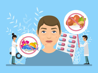 Unhealthy face with allergy and allergens vector illustration. Man with allergy symptoms on his face, medicine and tiny doctors show prohibited food and things