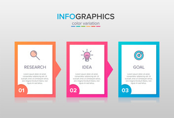 Concept of arrow business model with 3 successive steps. Three colorful graphic elements. Timeline design for brochure, presentation. Infographic design layout.