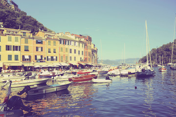 Beautiful view with ships and boats in Portofino in Italy	