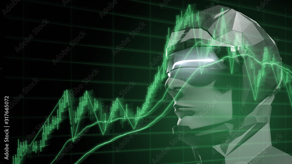 Poster 3d rendering of high tech half robot half human looking at stock market candle stick charts. concept