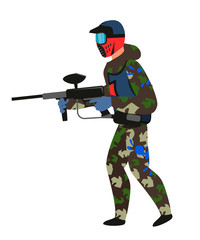 Paintball player in standing position on white