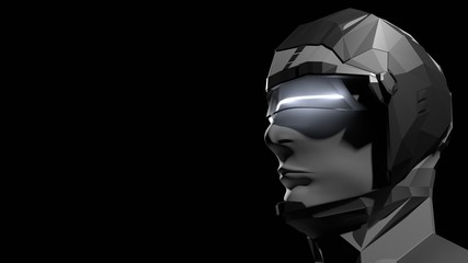 3D Rendering of high tech half robot half human. Cyborg android integration. Concept for future cop or police, artificial intelligence, robotic prosthetic, sci fi laboratory,  humanoid,  ai trading
