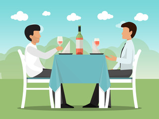 Business communication meeting in cafe vector illustration. Two businessmen meeting and sitting at cafe table. Business partners lunch in cafeteria.