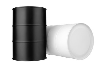 Two black and white metal barrels isolated close up, oil drum, steel keg, blank closed food tin can, aluminium cask, petroleum storage packaging, fuel container, gasoline jar, canned goods template