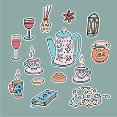 Set of hand drawn stickers. Reading and tea party. Cozy home hygge concept. Cute teapot, cups of tea, mug, jam, book, glass of mulled wine, garland lights, lantern.
