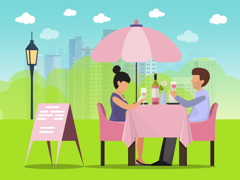 Couple date in cafe outside vector illustration. Man and woman sitting at table drinking wine and talking