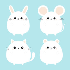 White bear, mouse, cat kitten kitty, rabbit hare icon set. Kawaii animal. Cute cartoon character. Funny baby. Love card. Flat design. Blue background.