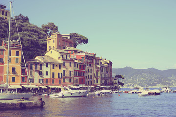 Beautiful view with ships and boats in Portofino in Italy