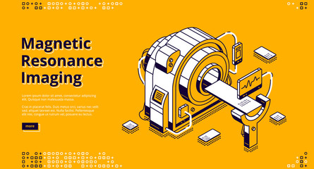 Magnetic resonance imaging isometric landing page. Mri scanner in hospital, digital technology in medicine diagnostic. Ultrasonography health care procedure 3d vector illustration, line art web banner
