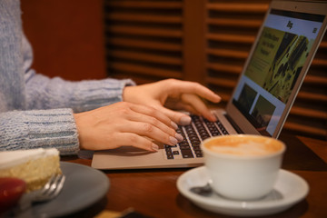 Fototapeta na wymiar Young woman with laptop in cafe, closeup