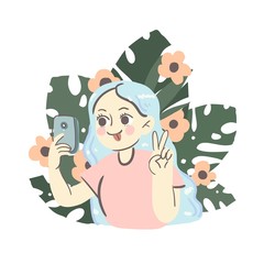 blue hair girl taking selfie, showing v sign peace gesture, cartoon woman character with green monstera leafs