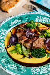 Veal stew with hummus. The cuisine of Tel Aviv.