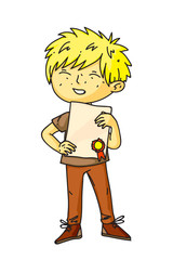 Boy holding diploma in hand standing on white